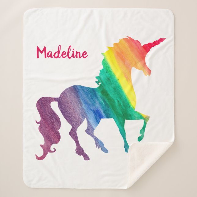 Rainbow Watercolor Unicorn Silhouette Girls Sherpa Blanket (Front)