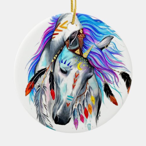Rainbow watercolor war horse ceramic ornament