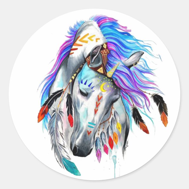 Rainbow watercolor war horse classic round sticker (Front)