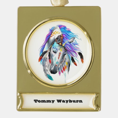 Rainbow watercolor war horse gold plated banner ornament