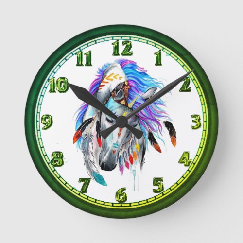 Rainbow watercolor war horse round clock