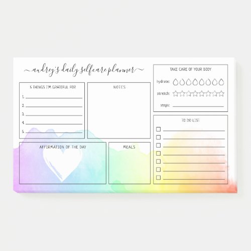 Rainbow Watercolor Wash Daily Selfcare Planner Post_it Notes