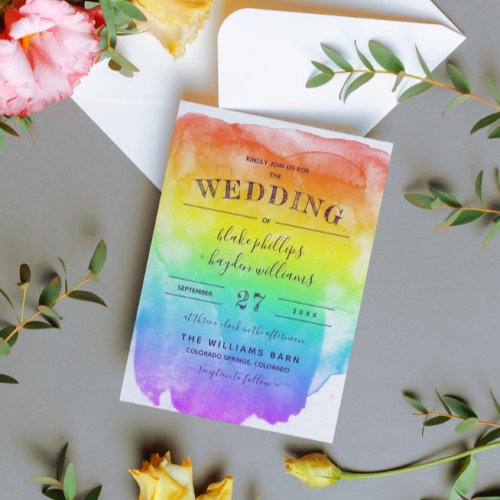 Rainbow Watercolor Wash Gay Wedding Invitation