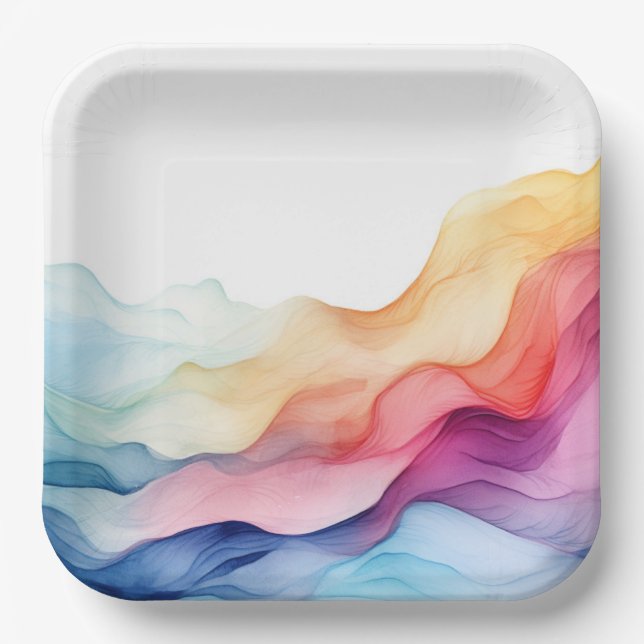 Rainbow Watercolor Wave Paper Plates (Front)