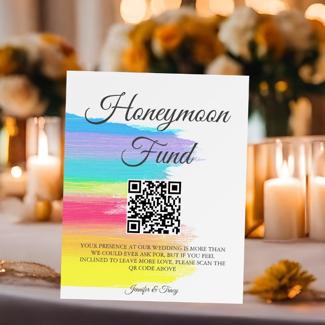 Rainbow Watercolor Wedding Honeymoon Fund QR Code Foam Board (Creator Uploaded)
