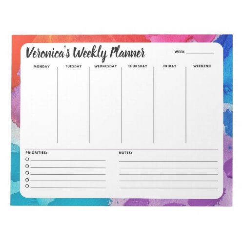 Rainbow Watercolor Weekly To Do List Notepad