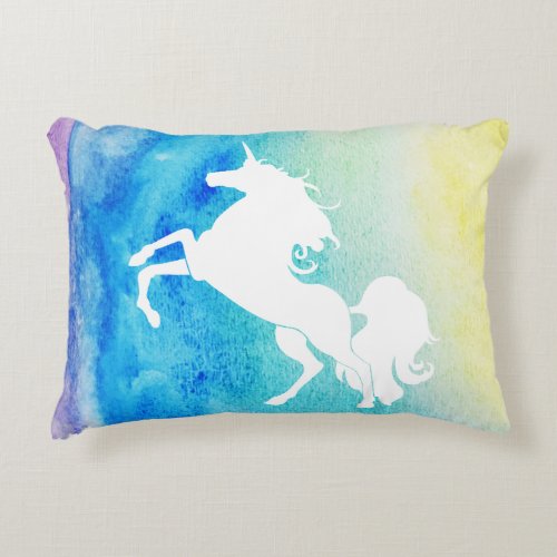 Rainbow Watercolor White Unicorn Accent Pillow