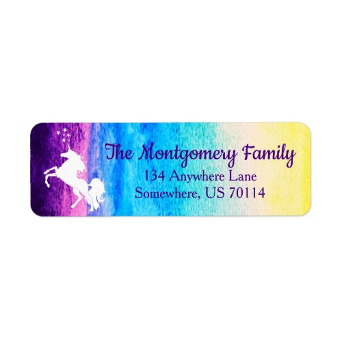 Rainbow Watercolor  White Unicorn  Family Name Label