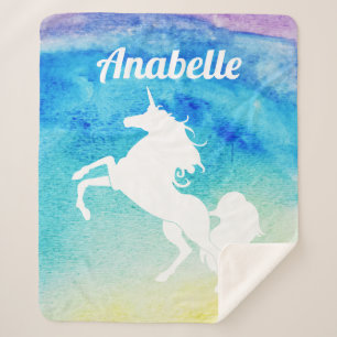 Rainbow Watercolor & White Unicorn Personalized Sherpa Blanket