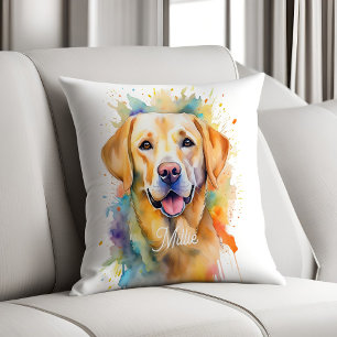 Rainbow Watercolor Yellow Labrador Personalized Throw Pillow
