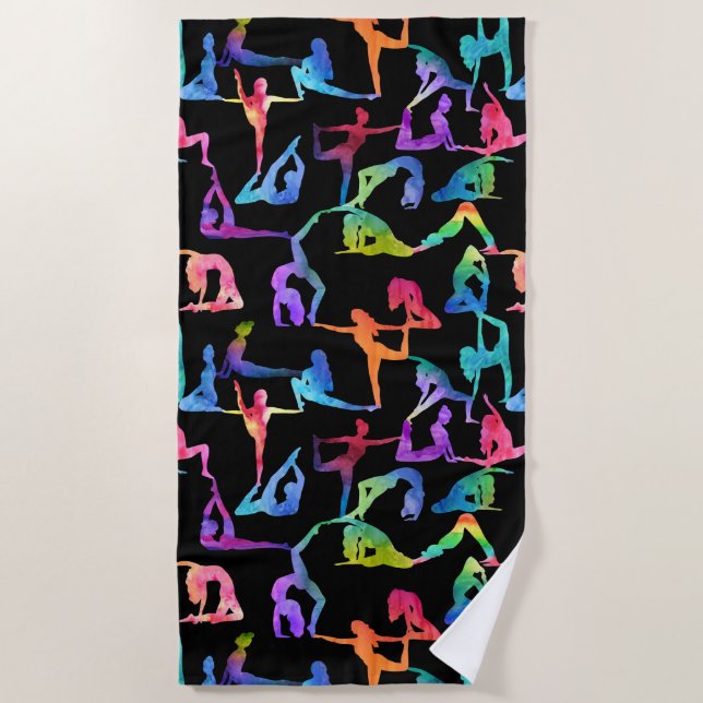 Rainbow Watercolor Yoga Poses Beach Towel (Front)