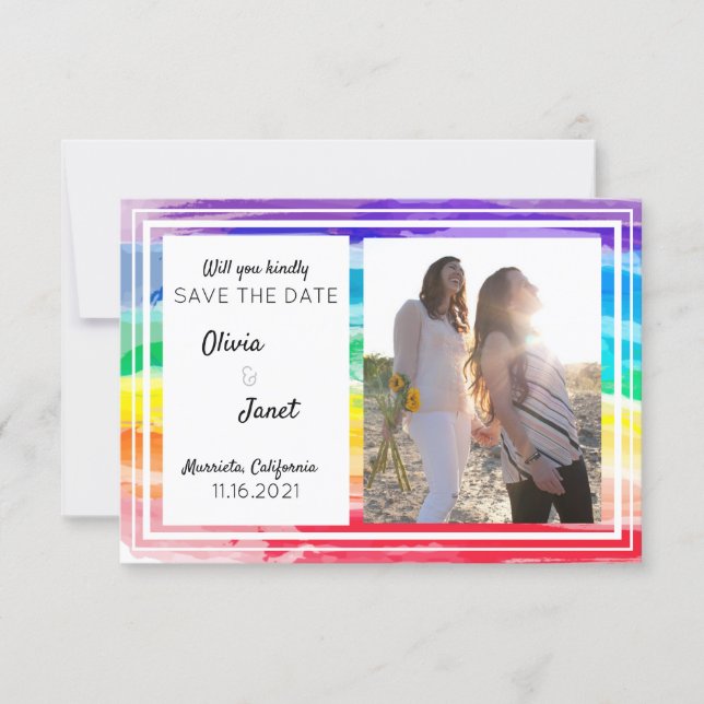 Rainbow Watercolors Wedding Save The Date PHOTO Invitation (Front)