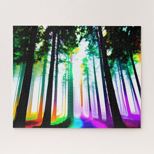 Rainbow Watercolors with Black Silhouette Forest Jigsaw Puzzle (Horizontal)