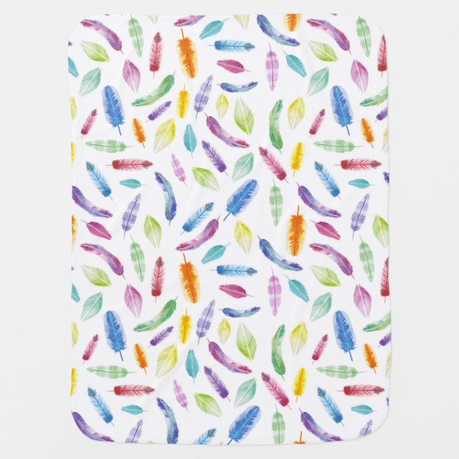 Rainbow watercolour feathers baby blanket (Front)