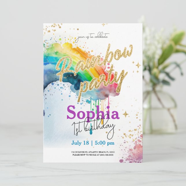 Rainbow Watercolour Gold Birthday Invitation (Standing Front)