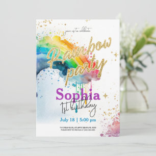 Rainbow Watercolour Gold Birthday Invitation