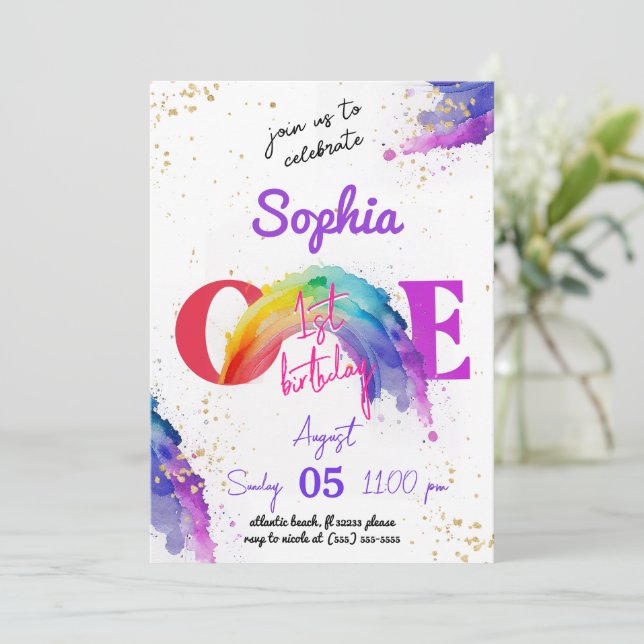 Rainbow Watercolour Gold Birthday Invitation (Standing Front)