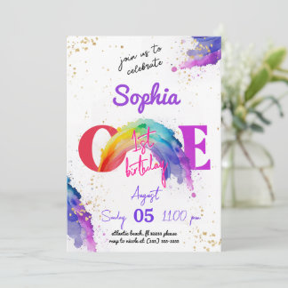 Rainbow Watercolour Gold Birthday Invitation
