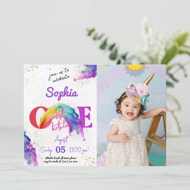 Rainbow Watercolour Photo Birthday Invitation (Standing Front)