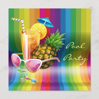 Rainbow Wave Tropical Cocktail Pool Party Invitation by GroovyGraphics at Zazzle