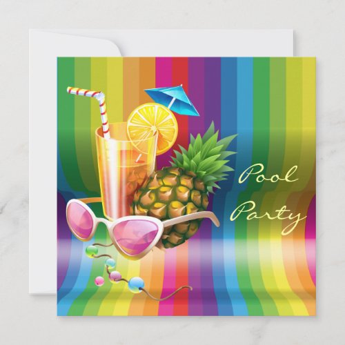 Rainbow Wave Tropical Cocktail Pool Party Invitation