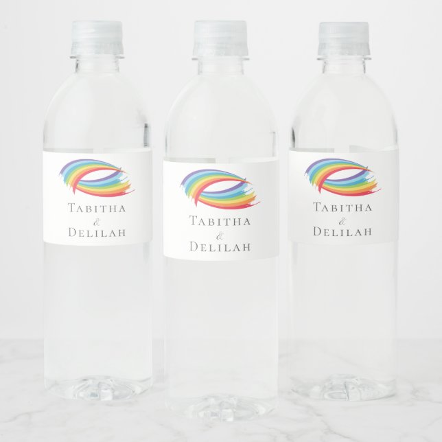 Rainbow Waves Beautiful Custom Wedding Reception Water Bottle Label (Bottles)