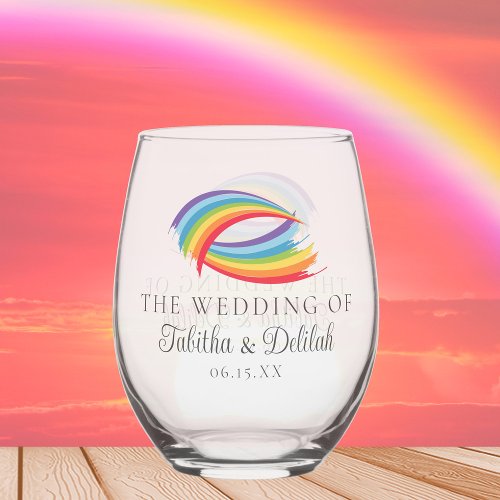 Rainbow Waves Beautiful Custom Wedding Stemless Wine Glass