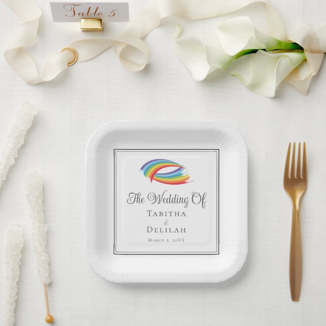 Rainbow Waves Chic LGBT Wedding Square Paper Plates (Wedding)