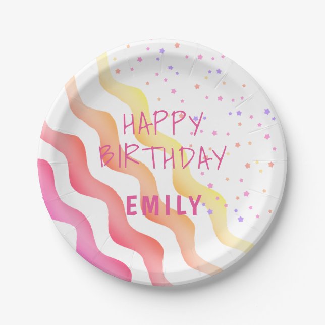 Rainbow Waves Stars Girly Birthday Party Paper Plates (Front)