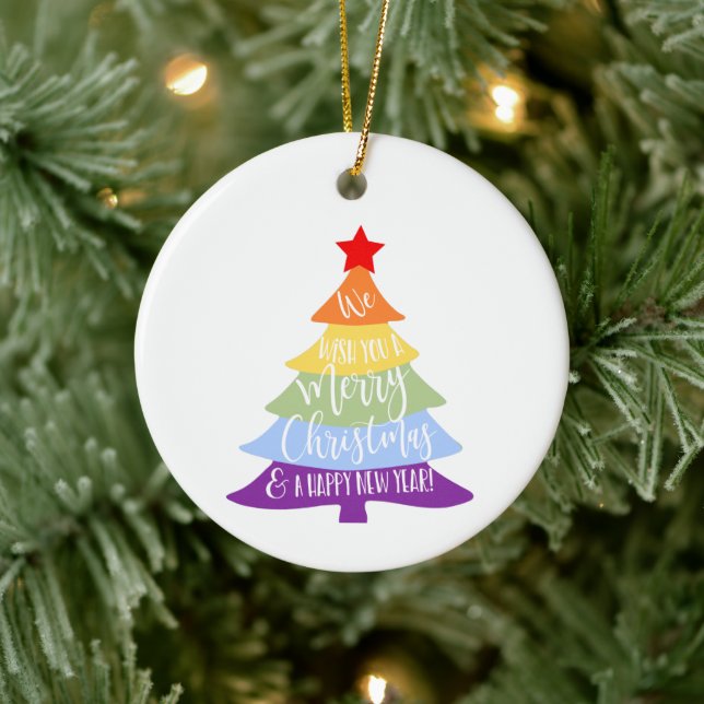 Rainbow we wish you a merry christmas LGBT Ceramic Ornament (Tree)