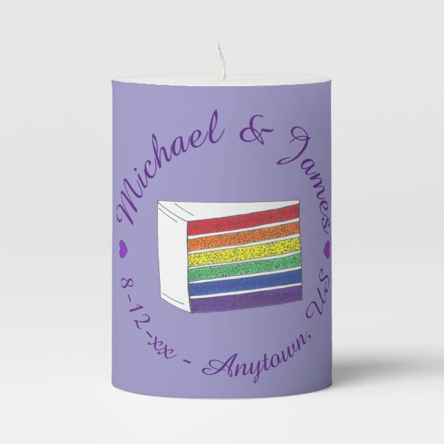 Rainbow Wedding Cake Purple Heart Love Centerpiece Pillar Candle (Front)