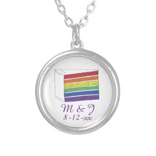 Rainbow Wedding Cake Slice Gay Pride Month LGBTQ Silver Plated Necklace