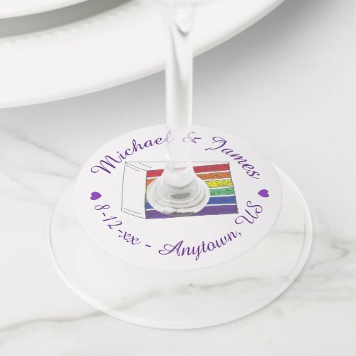 Rainbow Wedding Cake Slice LGBT Gay Pride Wine Glass Tag