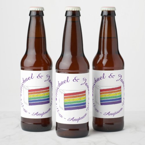 Rainbow Wedding Cake Slice Purple Heart LGBT Gay Beer Bottle Label