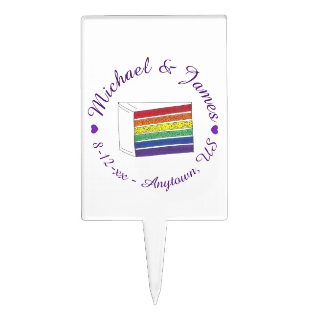 Rainbow Wedding Cake Slice Purple Heart LGBT Gay Cake Topper (Front)