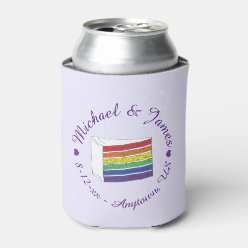 Rainbow Wedding Cake Slice Purple Heart LGBT Gay Can Cooler