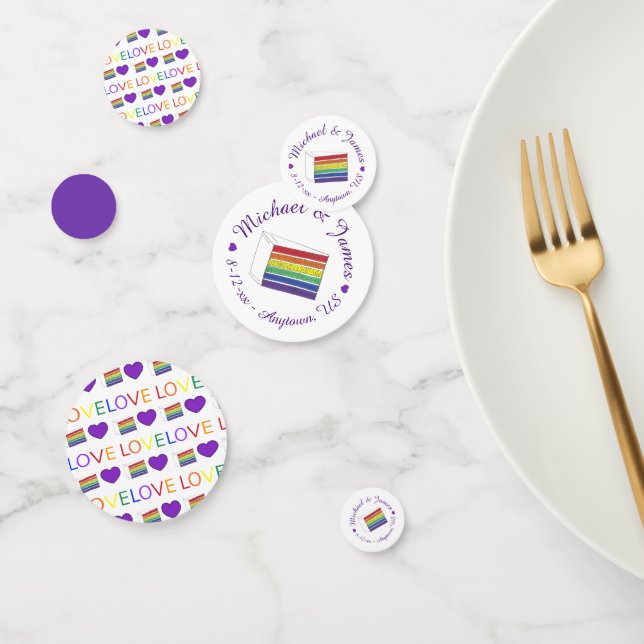 Rainbow Wedding Cake Slice Purple Heart LGBT Gay Confetti (Group)