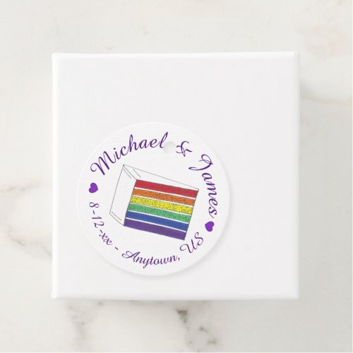 Rainbow Wedding Cake Slice Purple Heart LGBT Gay Favor Tags