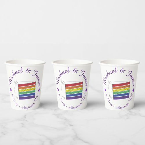 Rainbow Wedding Cake Slice Purple Heart LGBT Gay Paper Cups