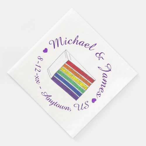 Rainbow Wedding Cake Slice Purple Heart LGBT Gay Paper Dinner Napkins