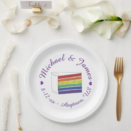 Rainbow Wedding Cake Slice Purple Heart LGBT Gay Paper Plates