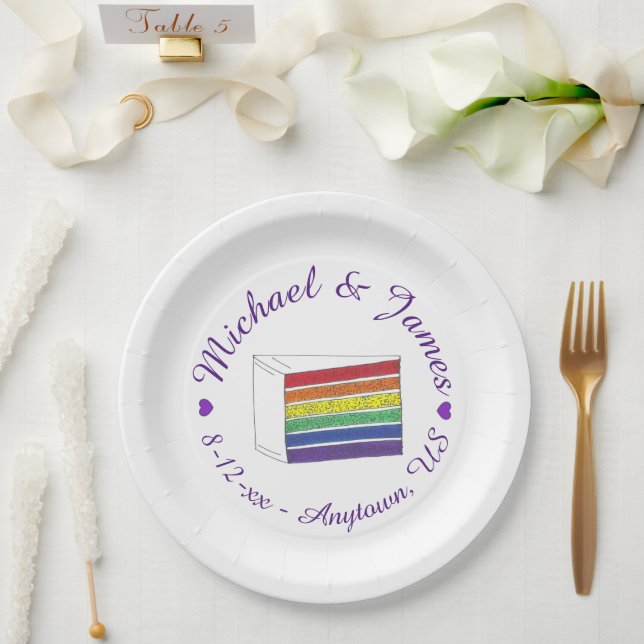 Rainbow Wedding Cake Slice Purple Heart LGBT Gay Paper Plates (Wedding)