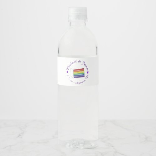 Rainbow Wedding Cake Slice Purple Heart LGBT Gay Water Bottle Label