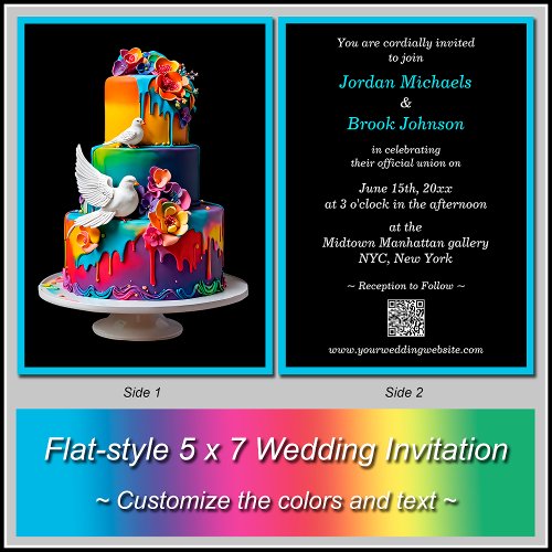 Rainbow Wedding Cake with Doves Wedding Invitation