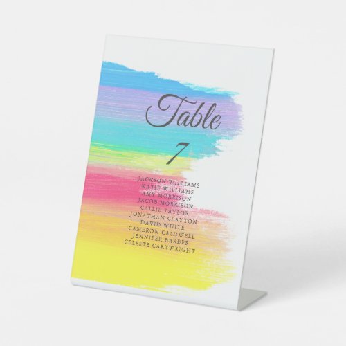 Rainbow Wedding Elegant Table Number with Names Pedestal Sign