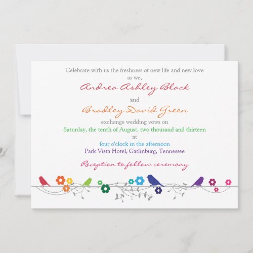 Rainbow Wedding Invitation Birds Flowers