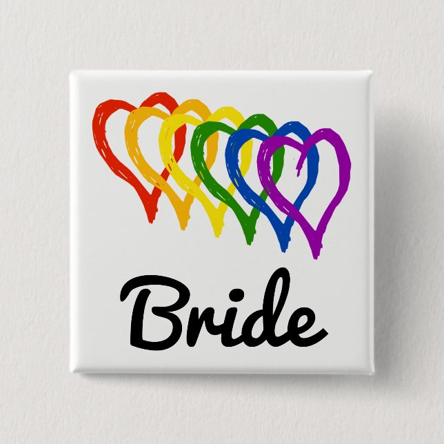 Rainbow Wedding Layered Hearts Bride Pinback Button (Front)