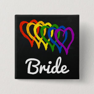 Rainbow Wedding Layered Hearts Bride Pinback Button