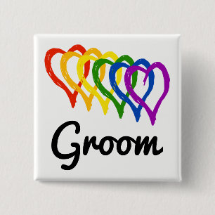 Rainbow Wedding Layered Hearts Groom Pinback Button