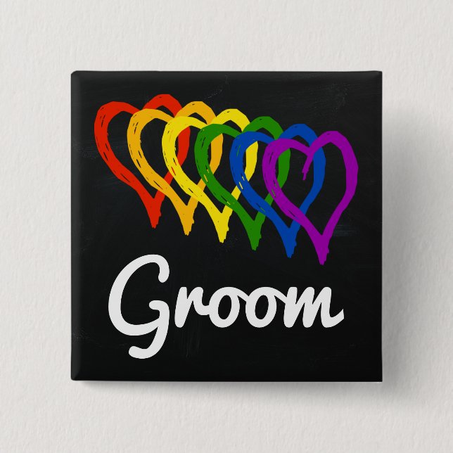 Rainbow Wedding Layered Hearts Groom Pinback Button (Front)